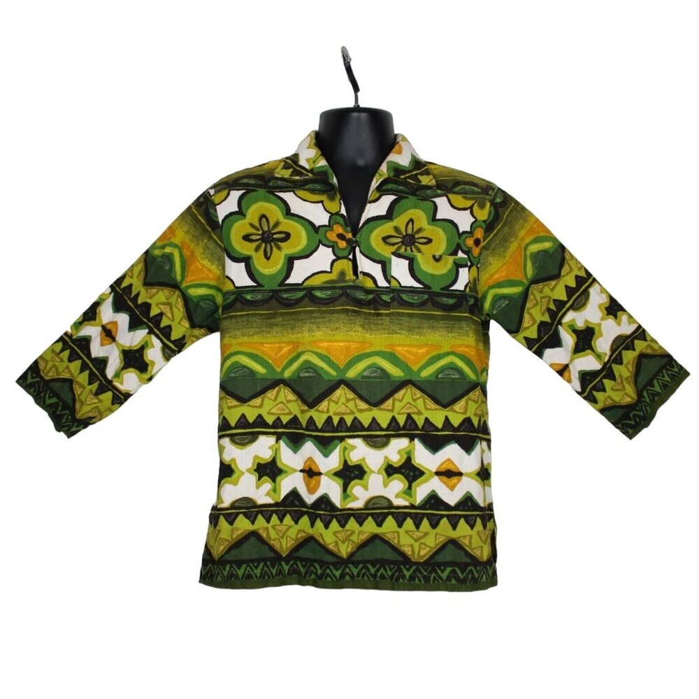 1960s Vintage Pacific Sportswear Hawaiian Shirt Green Surf Aloha Camp 3/4 Sleeve